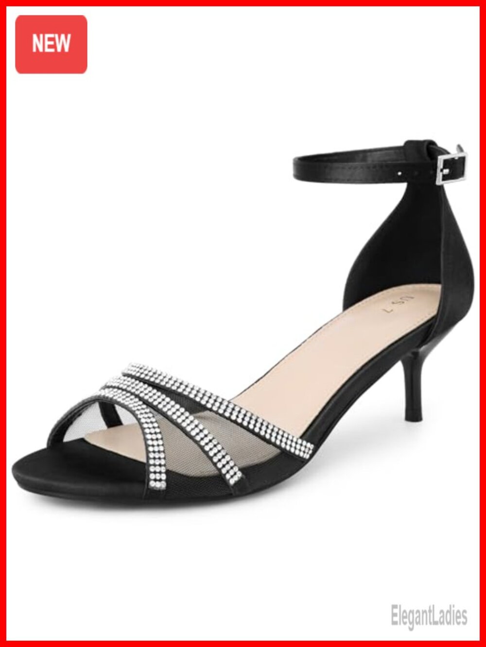 Rhinestone Mesh Kitten Heel Sandals Open Toe Ankle Strap Satin Heels